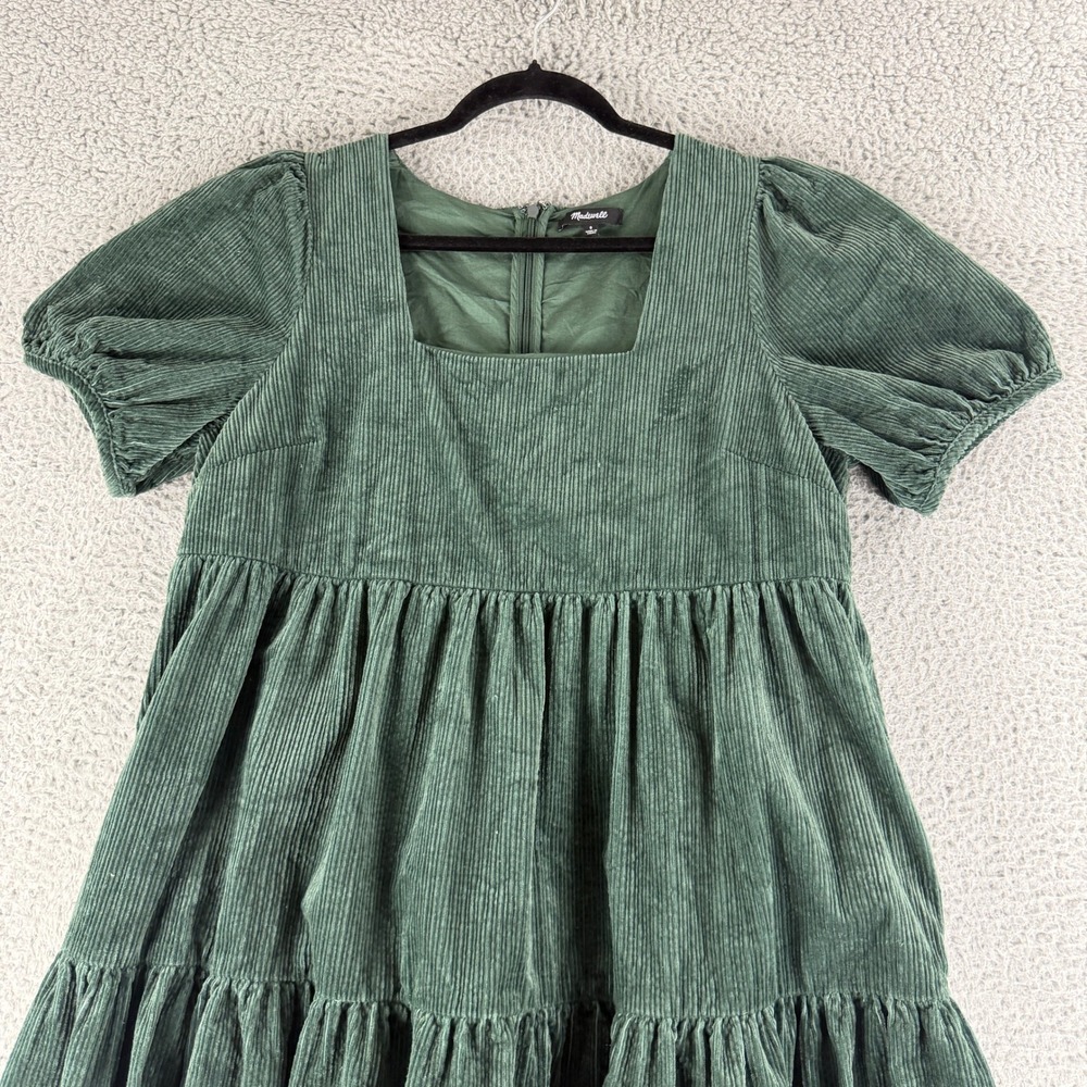 Madewell Corduroy Babydoll Dress Womens 8 Green Puff Sleeve Tiered Mini Boho - Picture 2 of 14